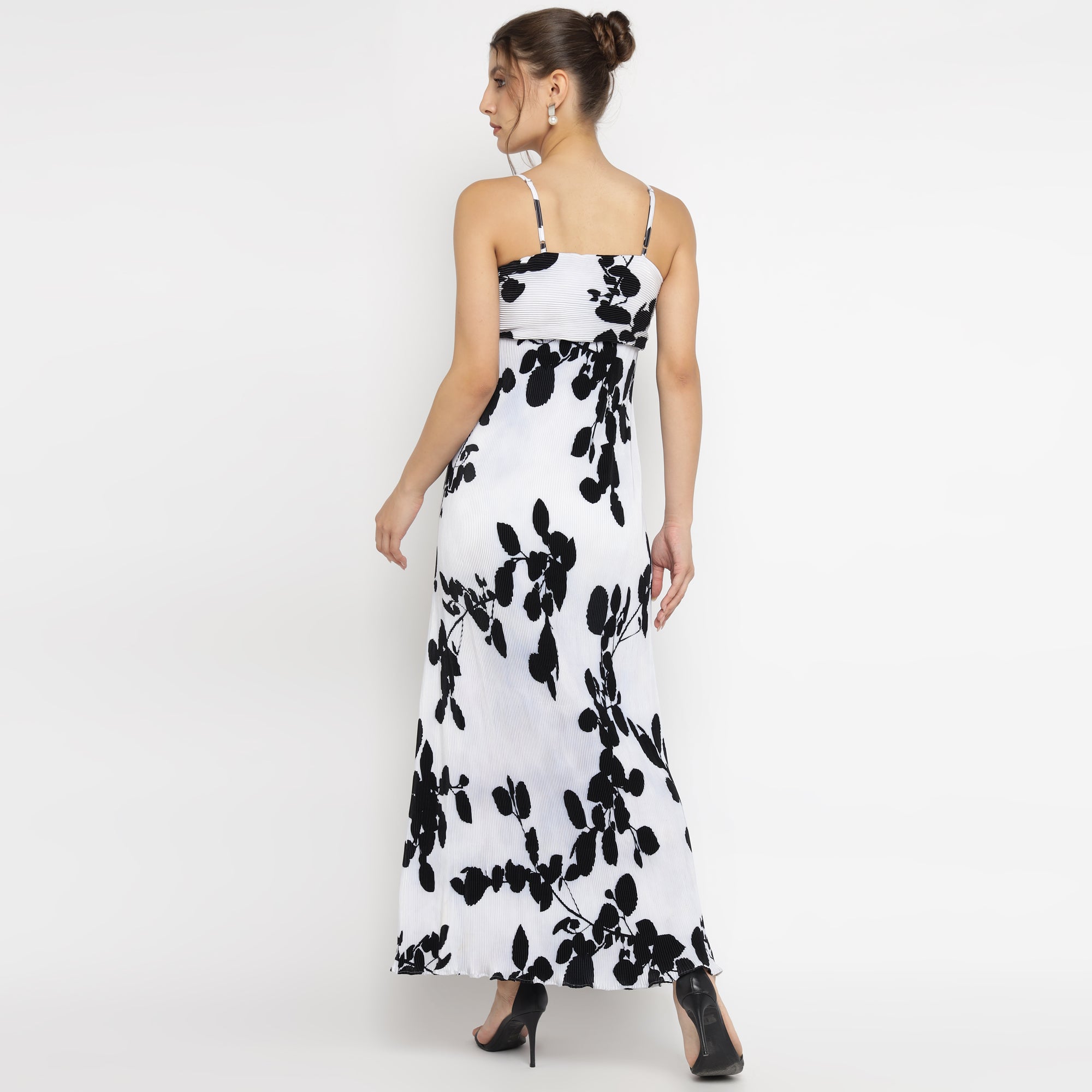 White & Black Print Spaghetti Maxi Dress
